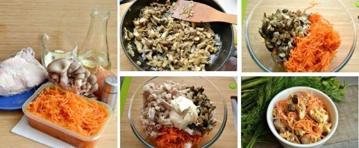 Салат с морковью по-корейски и курицей и грибами